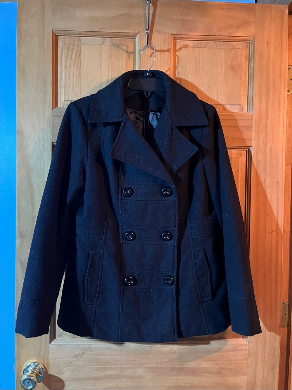 Women's Double-Breasted Black Peacoat with Wide Lapels